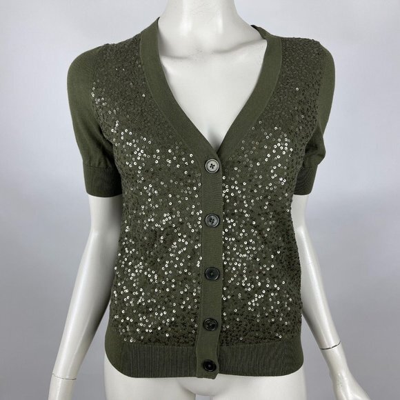 Talbots Short Sleeve Sequin Cardigan Button-up Stretch Cotton Green Women XS NWT - Picture 1 of 8